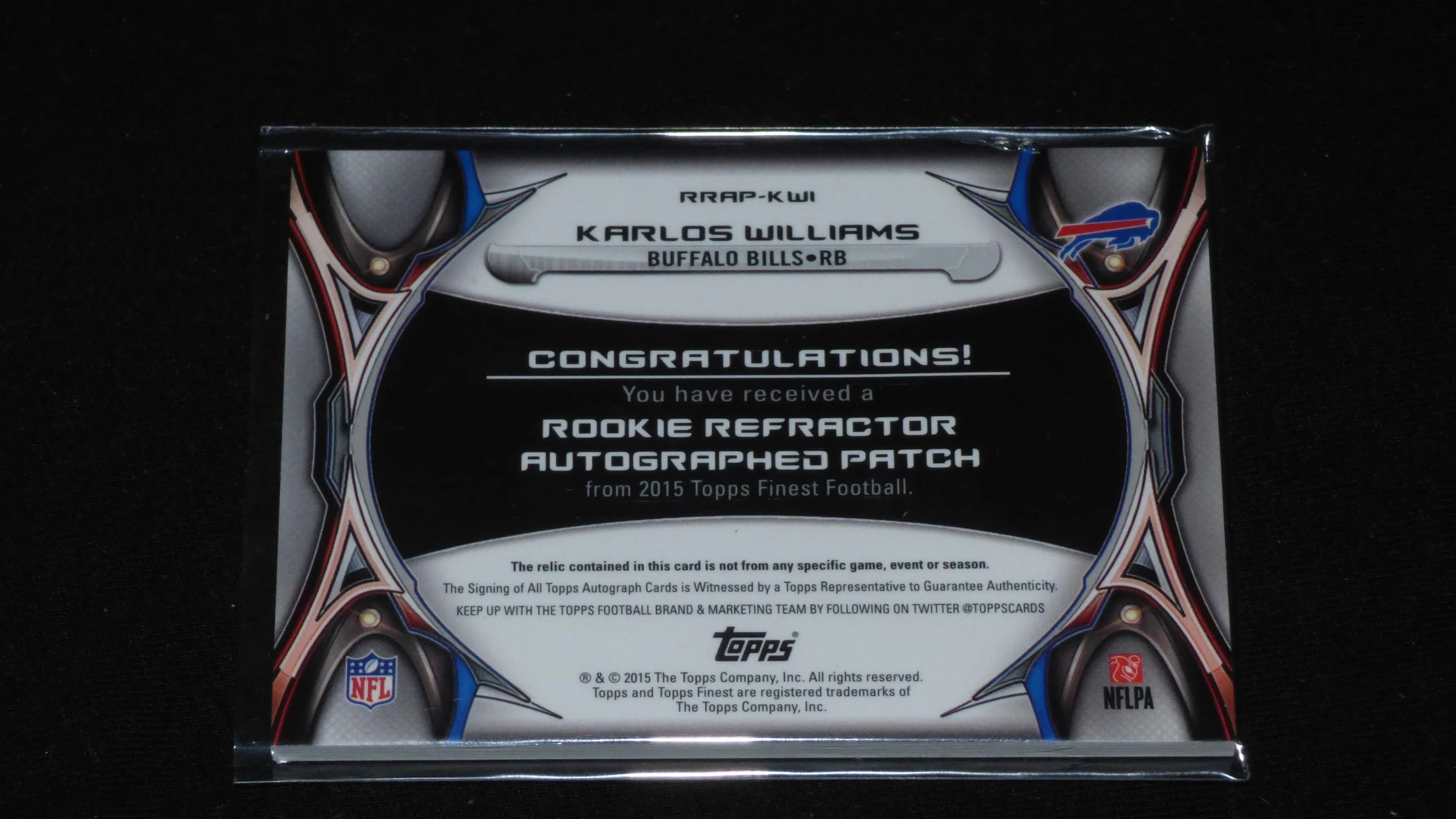 Karlos Williams 2015 Topps Finest, Rookie Refractor Autographé Patch #rrap-kwi – photo 2